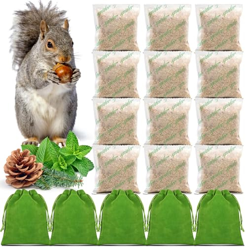 12 Pack Peppermint Oil Squirrel Repellent - Squirrel Deterrent with Textile Pouch for Easy Hanging, Protects Gardens, Attics, Camping, Lofts, Orchard & Bird Feeders