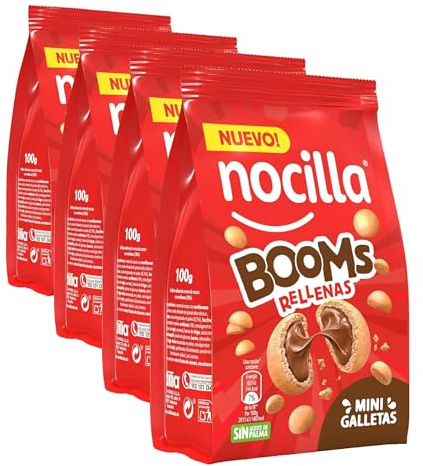 Nocilla BOOMs Rellenas, Mini Galletas con Crema de Cacao y Avellanas, Sin Aceite de Palma, 100 g (Paquete de 4)