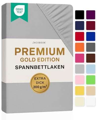 Jacobson Premium Spannbettlaken 200 g/m² Jersey Baumwolle mit Elasthan (90x200-100x200 cm, Grau)