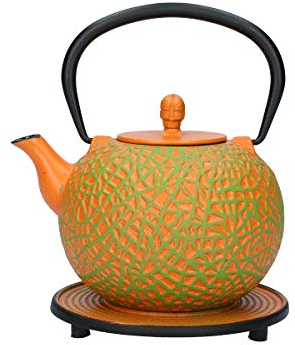 JA UNENDLICH MESSHU Théière en fonte orange vert clair L. 0,8 avec dessous de plat mod. HMG0.8L-9151/99 Orange