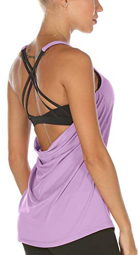 icyzone Damen Sport Yoga Top mit BH - 2 in 1 Fitness Shirt Cross Back Gym Sport Tank Top (XL, Lilac)