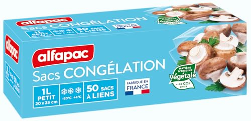alfapac - Sacs Congélation à Liens - Matière Végétale Renouvelable - Fabrication Française - Certifiés Origine France Garantie - Extensibles & Protecteurs - 50 x 1L