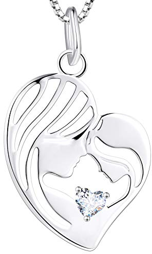 YL Mutter und Tochter Kette 925 Sterling Silber April Geburtsstein Weiß Zirkonia Herz Anhänger Halskette Geschenke für Mama Damen, 45-48 CM