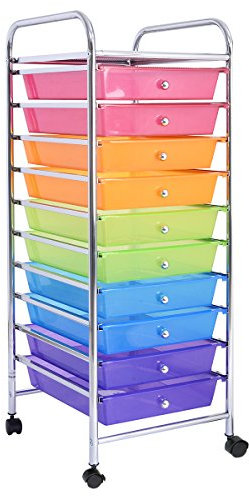 RELAX4LIFE Rollwagen mit 10 Schubladen, Rollcontainer Großer Stauraum, Badrollwagen Metallgestell, Badtrolley mit Farbwahl, Badregal mit Rollen, Beistellwagen, Haushaltswagen, 32,5 x 37 x 86cm (Bunt)