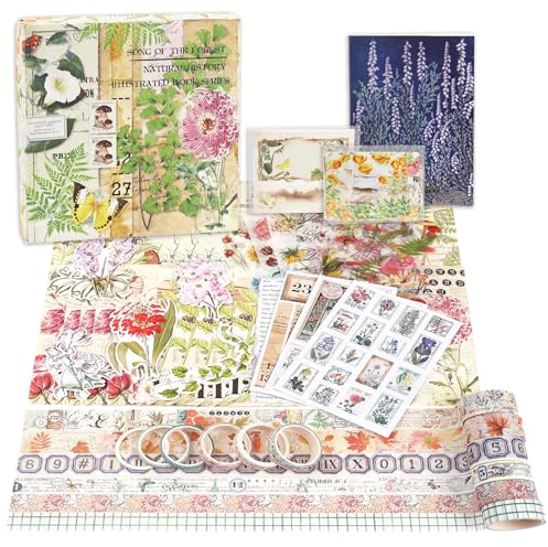 Lychii Scrapbook Zubehör Set, 354 Stück Bullet Journal Sticker Set mit A6 Notizbuch, Washi Tape, Sticker, Scrapbook Papier, für Kinder DIY, Geburtstagsgeschenk, Kindertag Geschenk (Pflanzenthema)