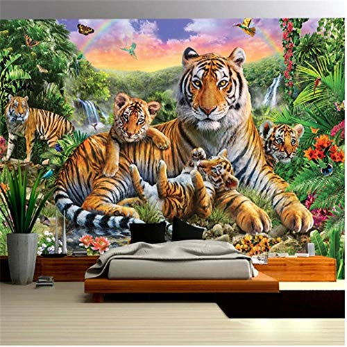 Fototapete Wandbild Hintergrund 3d TapetenBenutzerdefinierte Wandbild Tapete 3D Tropischer Regenwald Tier Tiger Pflanze Wald Wasserfall Schmetterling Wandbild Kinderzimmer Tapeten-Über 350 * 245 cm