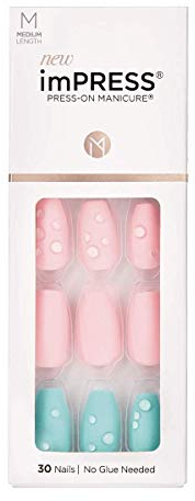 KISS imPRESS Press-On Manicure, Dew Drop, Tautropfen, mittellang, quadratisch, mit PureFit Technologie, enthält Reinigungspad, Mini Feile, Manikürstäbchen und 30 künstliche Nägel