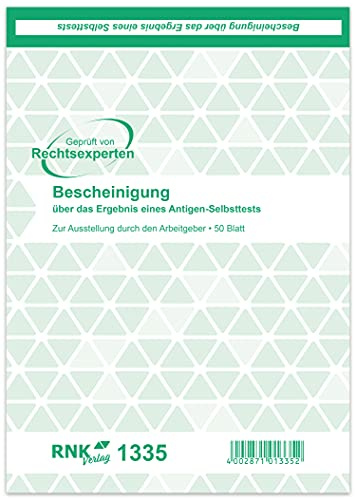 RNKVERLAG Verlag 1335 - Bescheinigung über das Ergebnis eines Antigen-Selbsttest, Block, DIN A5, 50 Blatt