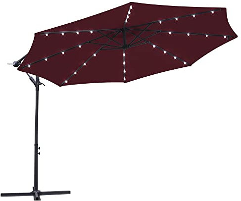 Green Bay 3M Wine Red Cantilever Banana Parasol with Crank Handle and LED Lights for Outdoor Garden Sun Shade