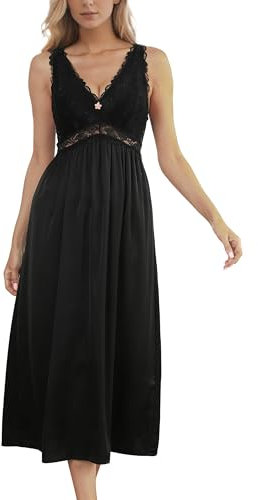 Alcea Rosea Femme Satin Nuit Longue Dentelle Nuisettes Sexy Négligé sans Manches Elégant S-XXXL (Noir, L)