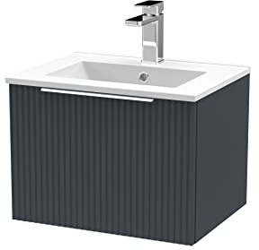 Hudson Reed DFF1491B Fluted Modern Bathroom Wall Hung 1 Drawer Vanity Basin Unit with Minimalist Ceramic Basin, 500mm, Soft Black