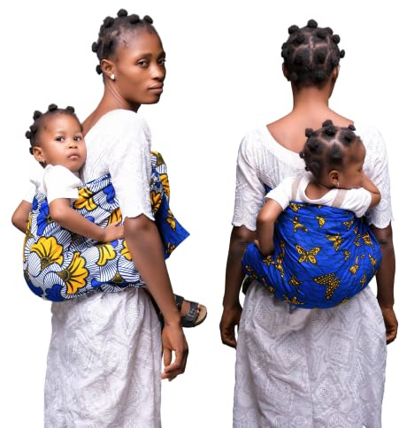 MON PREMIER PAGNE Porte-bébé réversible en Pagne façon mbotou - Écharpe de portage physiologique dorsale, de 6 à 15 kg, à partir de 3 mois - Modèle Gama (Bleu, Jaune)