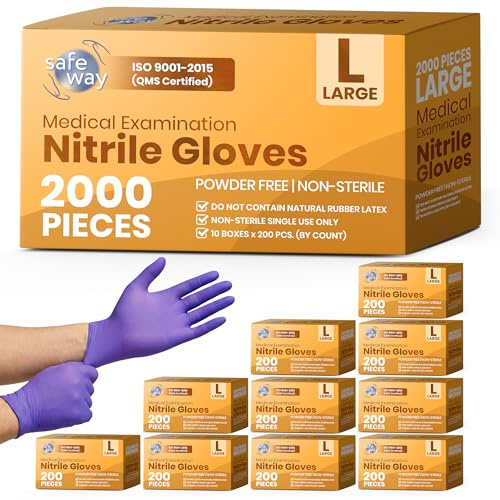 Safeway Nitrile Examination Gloves, 2000 Ct, Powder Free, Latex-free with Textured Fingertips, Medical Grade, Food, Cleaning and Pet Care, Large