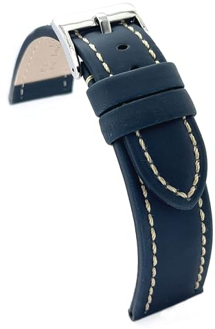 diloy Uhrenarmband aus geöltem Rindsleder mit weißer Naht – Sportlicher Stil für robuste Uhren – Größen 18mm 20mm 22mm 24mm 26mm – Schwarz Braun Blau oder Rot 377 Navy Blau 18mm