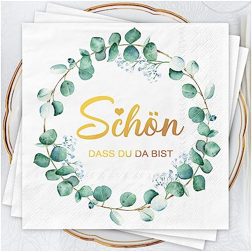 AFYHH 100Stück Servietten Hochzeit Geburtstag Eukalyptus Grün Konfirmation Kommunion Happy Birthday Napkins Tischdekoration Taufe Decor Servietten Schön Dass Du Da Bist Weiß Papierservietten