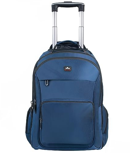 WIRABO Rucksack mit Rollen, 40L 17.3 Zoll Trolley Handgepäck Laptop Reisetasche mit Rollen Groß Rucksack füR Herren Arbeit, College, Blau