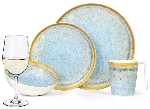 Melamin Camping Geschirr Set 4 Personen Crystal Blue + 4 Timo Weiß Weingläser Tafelgeschirr Picknick BBQ Kochgeschirr