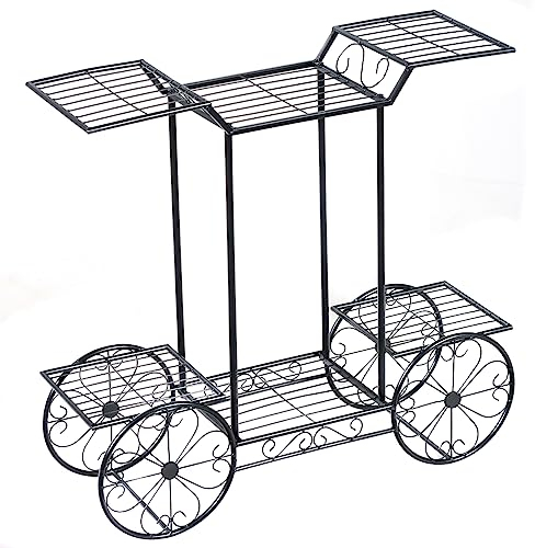 HOMASIS Scaffale per Pinate in Ferro Battuto, Porta Piante, Portavasi a 2 Livelli, Porta Fiori da Esterno, Espositore Multiuso e Decorativo, Portafiori da Giardini, Balconi, 80,5 x 25 x 75 cm, Nero