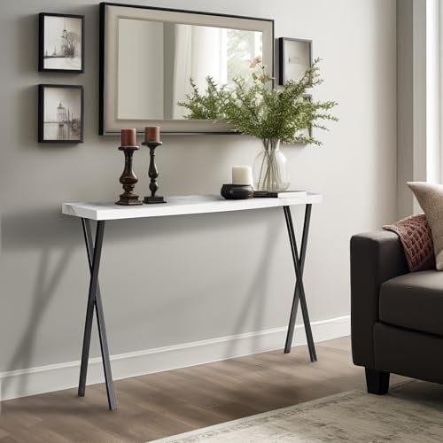 Wohnando Konsolentisch schmal weiß Mamor-Optik Sideboard Apollo, 100x25x80cm, Flurtisch weißes Mamordekor und Metall-Füße