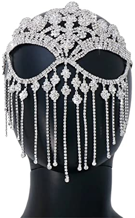 Gesichtskette Kristallmaske Vollgesichtsmaske Quaste Boho Strass Gesicht Schmuck Maske Kette Bauchtanz Abschlussball Rave Party Gesicht Dekor (Farbe : Silver, Size : One Size)