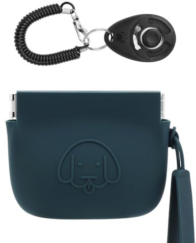 WALLFID Silicone Dog Treat Pouch Small Bag,Auto Closure,with Pet Training Clicker,Walking Bag for Dog and Cat,Pocket Size,Easy to Clean,Odorless,Travel Walking Bag (Dark green)