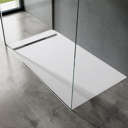 doporro Duschtasse Duschwanne 90x140x4 flach Mineralguss in Weiß inkl. Ablaufgarnitur AL01 DIN-Anschlüsse für bodenebene Montage geeignet Geoma04
