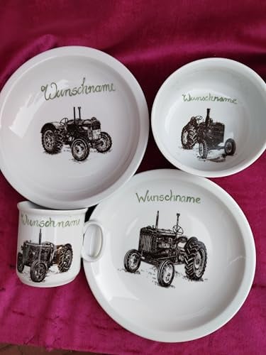 personalisiertes Porzellan-Kinder-Geschirr 4teilig (Dekor Traktor) mit Wunschname. Wunschname an: info@porzellanschoenknecht.de senden.