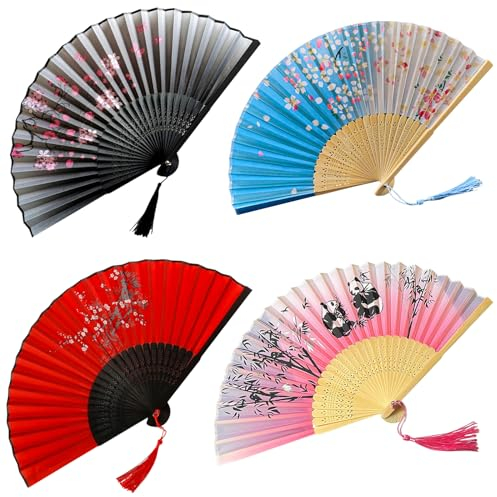 CaiTang 4PCS Eventail Mariage, Éventail Papier Pliant en Bambou avec Frange en Soie, Eventails à Main Portables, Ventilateur Bois Chinoise pour Decoration Mariage, Décoration Murale, Cadeaux Mariage