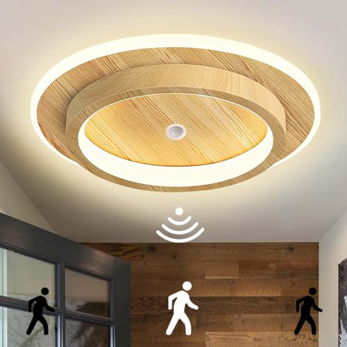 KZT LED Deckenlampe mit Bewegungsmelder 3000K Modern Rund Deckenleuchte Holzmaserung Flurlampe 12W Deckenlampen Innen Sensorleuchte für Balkon Keller Garage Deckenbeleuchtung Treppenleuchten