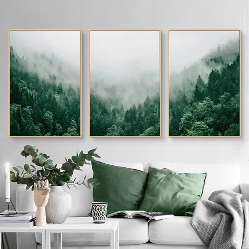 Herfair 3er Premium Poster Set, Moderne Grün Berge Wald Bilder, Landschaft Leinwandbilder BilderSet Wanddeko, Wohnzimmer Schlafzimmer Wanddekoration, Ohne Rahmen Wandbilder (30x40cm)