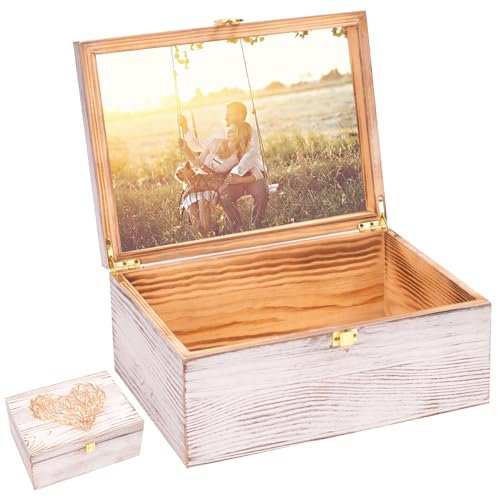Größere Erinnerungsboxen aus Holz mit Scharnierdeckel und einem Bilderrahmen im Deckel – dekorative Aufbewahrungsbox mit Scharnierdeckel für Bild, Buchstaben, Zeitkapsel – 13,5 x 21,8 x 29,7 cm,