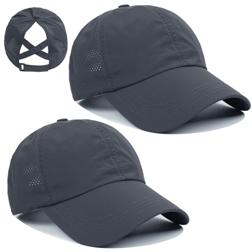 FUIPVGI 2 Stücke Baseball Cap Damen, Sonnenhut Mit Zopfloch, Pferdeschwanz Baseballkappe Damen Einstellbare Schnell Trocknende Masche Atmungsaktiv Kappe (Dunkelgrau)