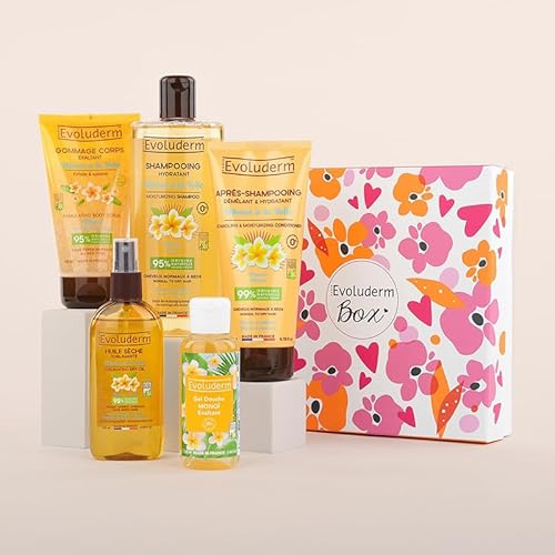 EVOLUDERM – Coffret Cadeau Monoï Corps & Cheveux – 5 produits - Origine Naturelle - Végan – Made in France - Idée Cadeau de Noël, Anniversaire, Fête des Mères (Rosèa)
