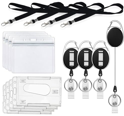 IETWATE Ausweishülle mit Band 4PCS Kartenhülle mit Schlüsselband Ausziehbar | Wasserdichte Ausweis Kartenhalter mit Band Kinder Erwachsene Transparent Ausweishülle Querformat ID Card Holder Student Büro