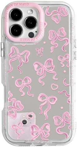 NITITOP Compatible with iPhone 16 Pro Max Case Cute Mirror Bow Love Heart Pattern for Women Girls Ribbon Design Shockproof Silver Protective Phone Cover - Pink Bow