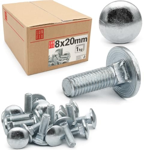 Lun Fix - Schlossschrauben mit Vierkantansatz - M8x20-1 kg (76 Stück) – Flachrundschrauben – Vollgewinde – Torbandschrauben - Pilzkopfschrauben – Verzinkt Stahl