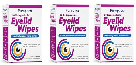 Puroptics Eyelid Wipes | Suitable for use with Sensitive Eyes, Dry Eyes, Blepharitis & MGD | Detergent and Preservative Free | 20 Individually Wrapped Eyelid Cleansing Wipes (3)