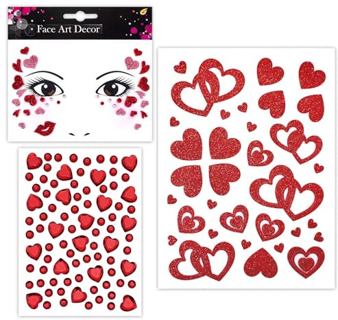 Gesichtstattoo Karneval, Glitzer Köln Tattoos Aufkleber Gesicht, Face Fake Tattoo Herz Sticker Klebetattoos, Rot Glitzersteine Gesicht, Amor Kostüm Damen Fasching Valentinstag Schminke Accessoires