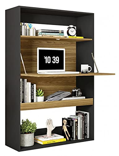 ACTUAL DIFFUSION Meuble Secrétaire - Bar Noir et Chêne 4 Niches L 90 H 140.5 P 36 cm