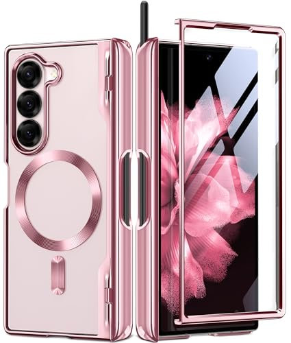 BERFY Coque magnétique améliorée pour Z Fold 6 avec porte-stylo S, compatible avec Magsafe, protection d'écran intégrée et charnière, coque de téléphone fine plaquée pour Samsung Galaxy Z Fold 6, rose