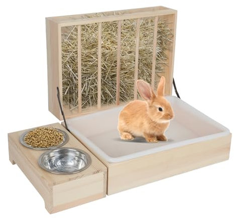 Distributeur de foin pour lapin, râtelier à foin avec litière en plastique pour chat, toilettes, bols et bouteille d'eau, râtelier à foin en bois pour cochons d'Inde, hamsters, petits animaux (2 en 1)