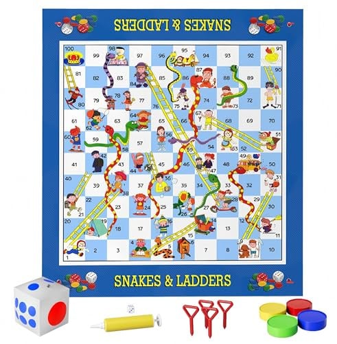 Large Snake Board and Ladder Game for Kids and Adults, Floor Play Set for Indoor and Outdoor with 6 Foot Play Mat, Inflatable Dice, Parts and Dice Toys