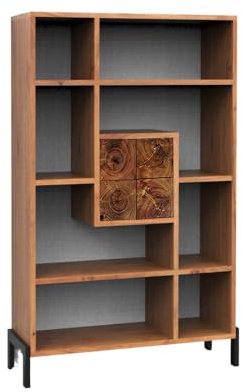 WOLF MÖBEL WOOD YOU LIKE Root Regal mit 1 Tür, 8 offene Fächer, Eisenfüße schwarz, Massivholzmöbel, Aklazienholz, Handarbeit, Bücherregal, fertig aufgebaut,115x35x180 cm