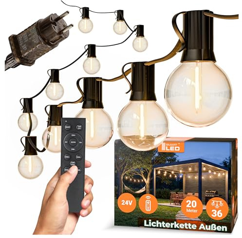 Lichterkette Außen Outdoor LED Strom,20M Außenbeleuchtung mit Stecker, 36Glühbirnen, Timer 9Modi, IP65 Wasserdicht Wetterfest Lichterkette Glühbirnen für Garten Terrasse Party Weihnachten, Warmweiß