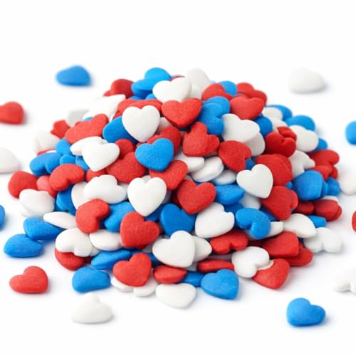 Edible Heart Sprinkles 100g | Edible Sprinkles for Cake Decorating, Cookies & Cupcakes | Edible Easter Heart Sprinkles for Wedding, Birthday & Dessert Toppers (BlueWhiteRed Heart)