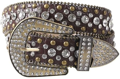 JIARY Strass Nietengürtel Für Damen, Western Ledergürtel Für Cowgirl Vintage Bling Gürtel Für Jeans Hosen Kleid, Diamant Gürtel Damen,Braun,100CM/39.4''