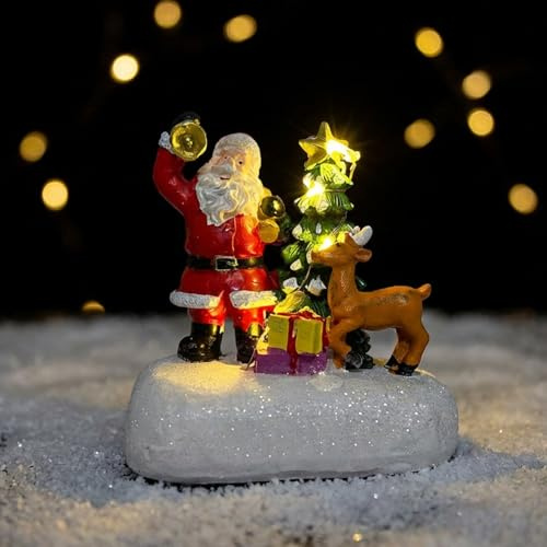 Royaya Christmas Santa Claus with Lighted Snow Tree Figurine, Hand-Painted Resin Xmas Man Deer with Gift Scene, Animated Winter Ornament Mini Glowing Statue X-mas Element for House Tabletop Decor