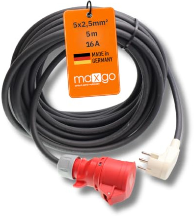 maxgo Perilex Adapter auf CEE 16A Kupplung – 5 m Adapterkabel mit Perilex | Winkelstecker, H07RN-F 5G2,5 mm² Gummischlauchleitung, 400 V Kraftstromadapter für Werkstatt, Baustelle und Industrie