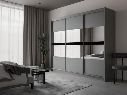 Krudox PRBT 250 cm Graphit Schwebetürenschrank Mit Spiegel Kleiderschrank Für Wohnzimmer Mit Kleiderstange und 2 Schubladen, Farben: Weiss/Graphit