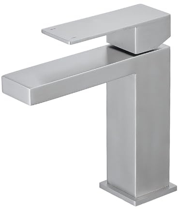 Heable Brushed Nickel Basin Mixer Tap Square Bathroom Sink Taps Monobloc Single Handle Washroom Faucet Modern Mono Washbasin Tap with UK Standard Hoses